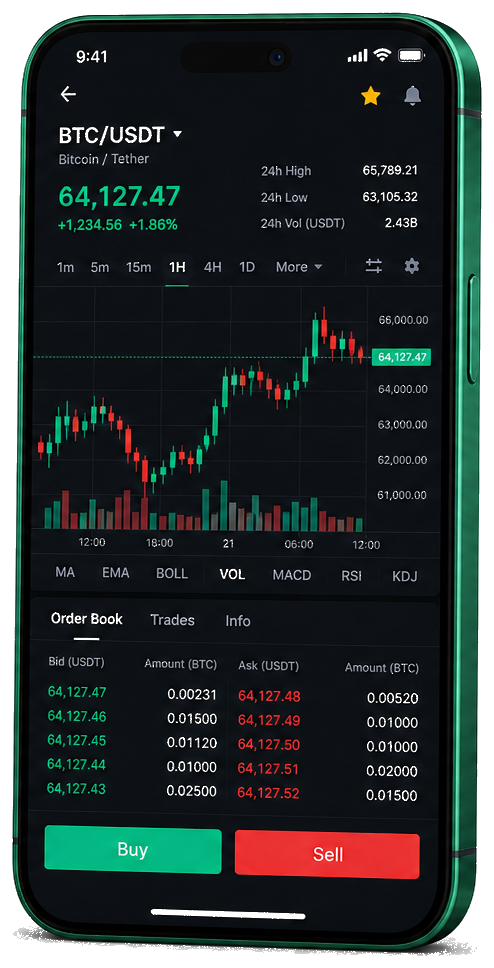Noble Fundaven mobile trading platform — live BTC/USDT chart, order book and buy/sell interface